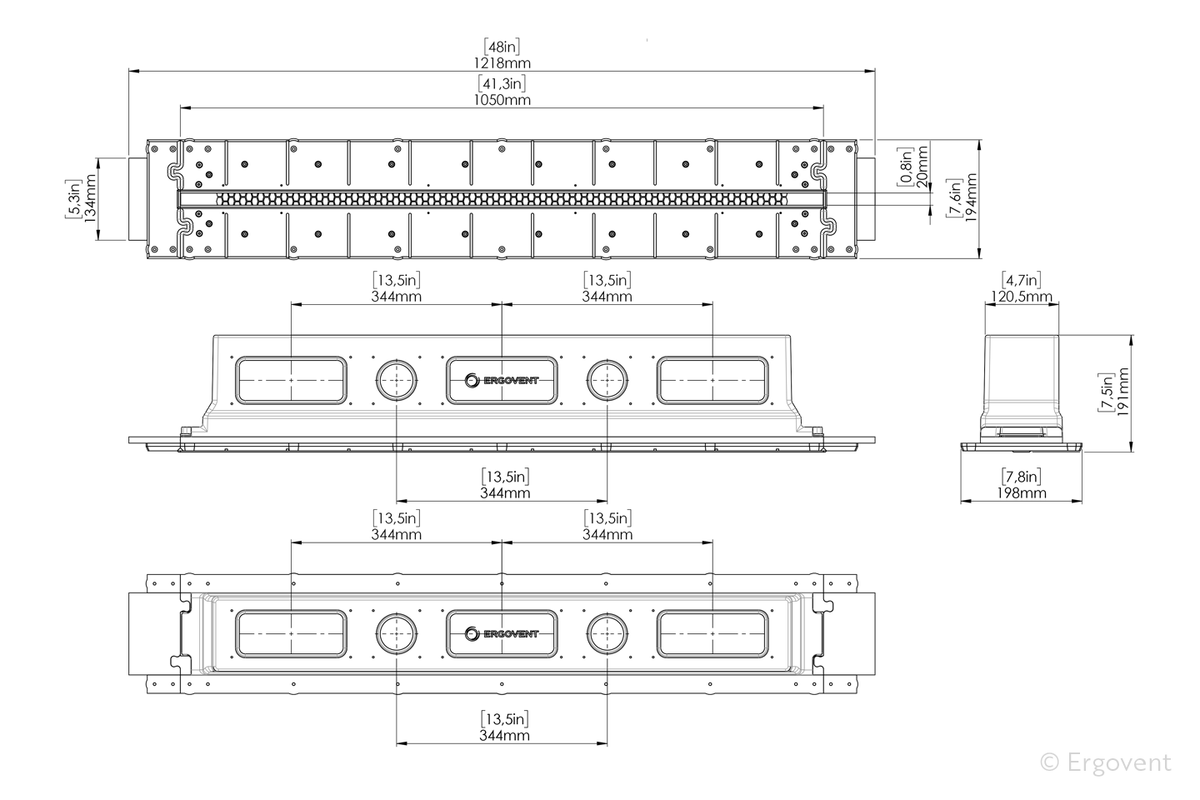 Schéma dimensions du diffuseur LINEO-PRO CONDI 125 ERGOVENT 1050 mm