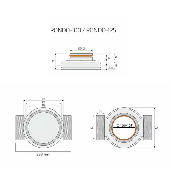 Schéma technique avec dimensions d’une bouche de ventilation invisible ronde Ø125