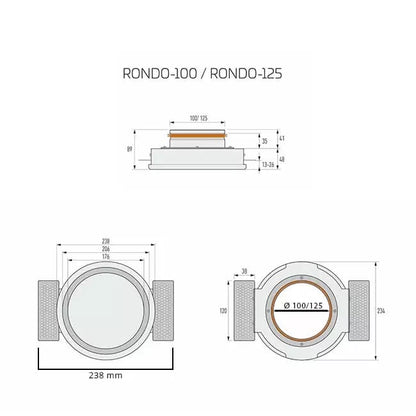 Schéma technique avec dimensions d’une bouche de ventilation invisible ronde Ø125
