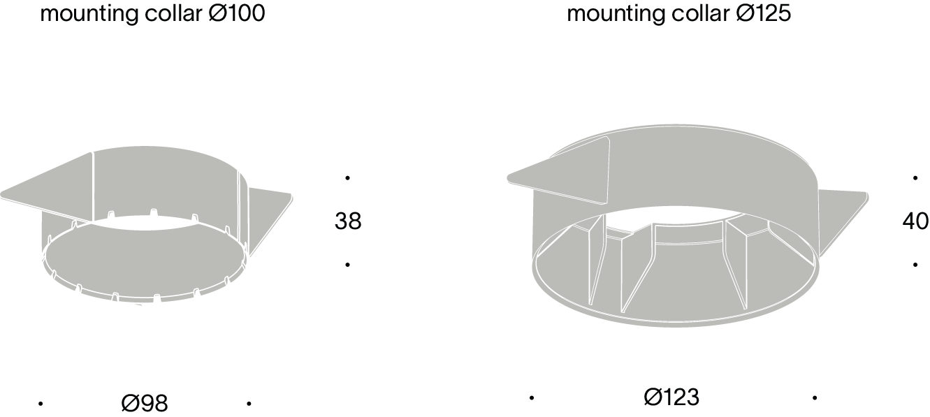 Schéma technique de la collerette de montage PRADOVENT TRIM avec dimensions pour diamètres Ø100 et Ø125, incluant hauteur et diamètre d’encastrement.