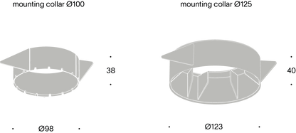 Schéma technique de la collerette de montage PRADOVENT TRIM avec dimensions pour diamètres Ø100 et Ø125, incluant hauteur et diamètre d’encastrement.