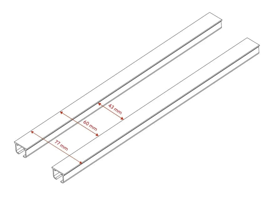 Schéma technique des dimensions d’un double rail à rideaux plafond en aluminium blanc avec espacements entre rails.