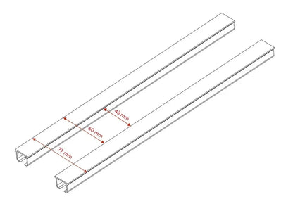 Schéma technique des dimensions d’un double rail à rideaux plafond en aluminium blanc avec espacements entre rails.