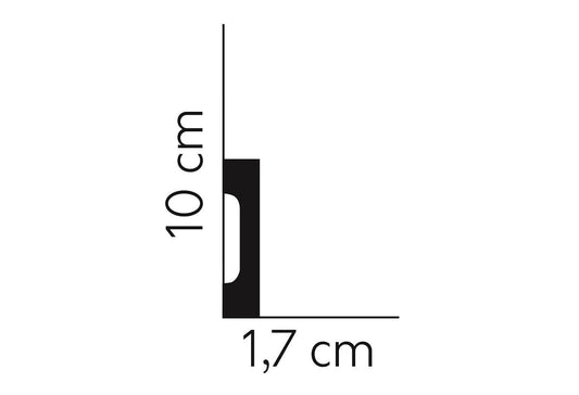 Schéma technique de la plinthe décorative MD009 avec dimensions du profil et espace intégré pour dissimuler les câbles électriques.
