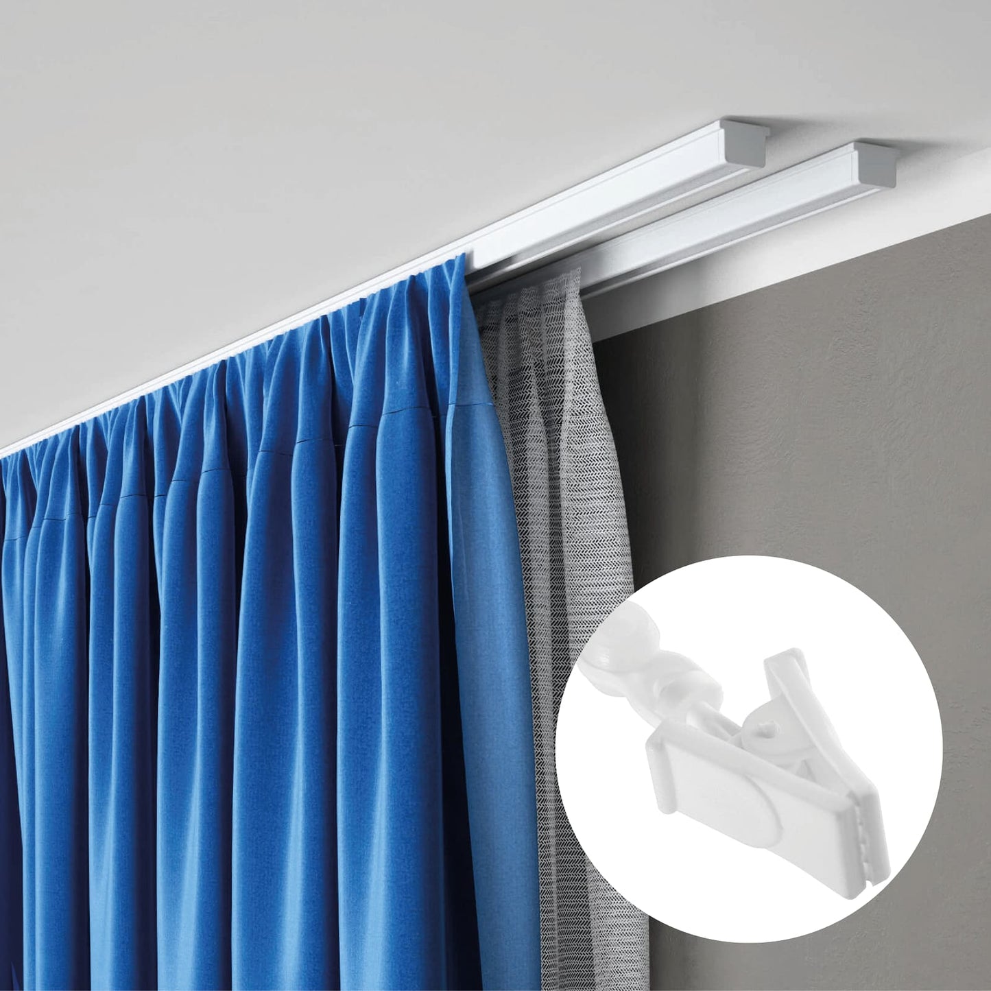 Double rail rideau plafond aluminium blanc avec crochet clip - kit D100