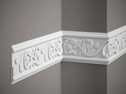 Moulure murale décorative MDC236 en polystyrène, dimensions 200 x 12,8 x 1,4 cm, installée sur mur gris avec motifs floraux pour décoration intérieure élégante