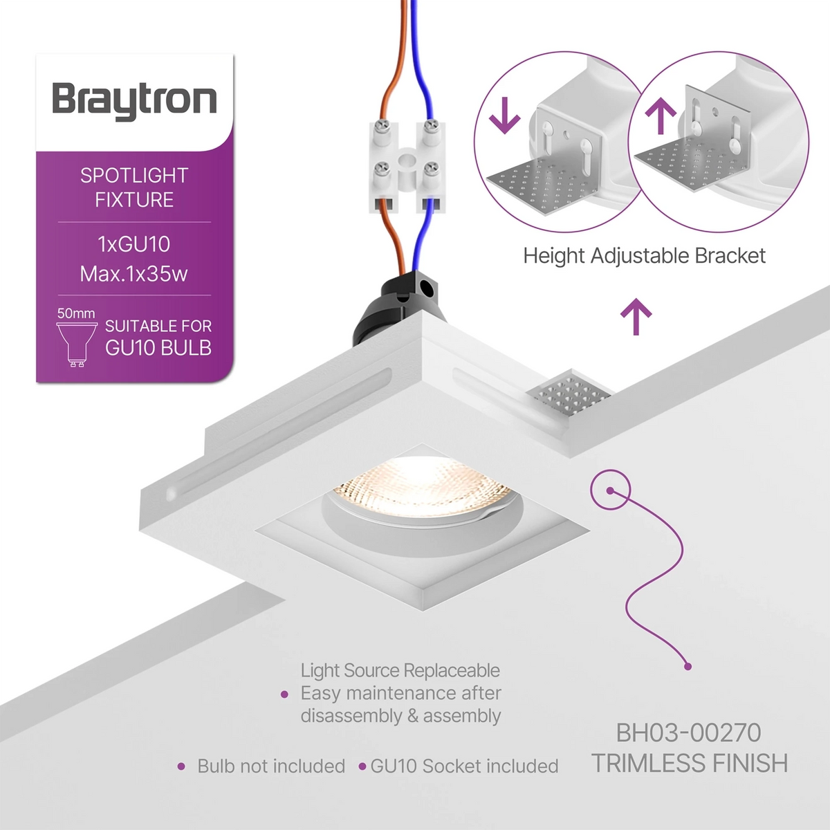 Spot invisible Braytron BH03-00270 avec support réglable en hauteur et douille GU10