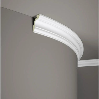 Corniche de plafond flexible MD106F installée sur mur arrondi – moulure décorative blanche 200 x 5,7 x 5,7 cm
