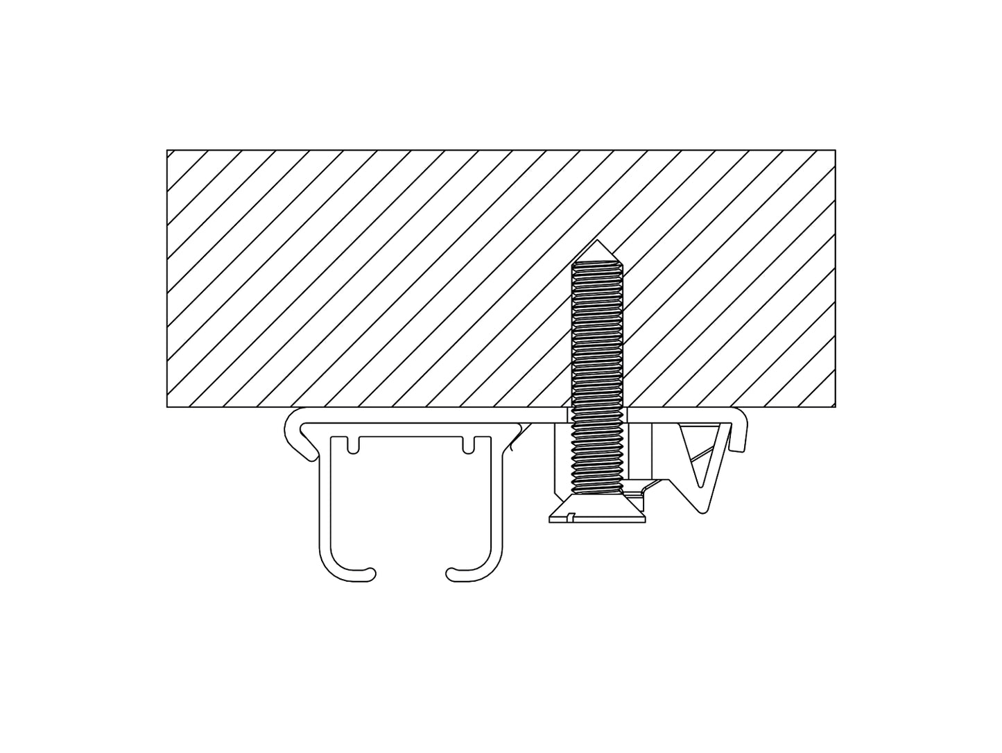 Schéma technique du rail à rideaux S100 montrant le profil de fixation au plafond et le système d’accrochage.