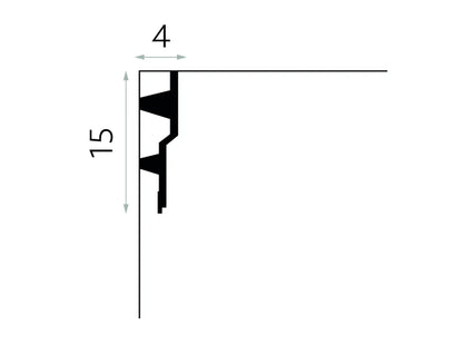 Profil technique de la corniche MDB150, moulure en plâtre pour éclairage LED indirect, dimensions 15 cm x 4 cm
