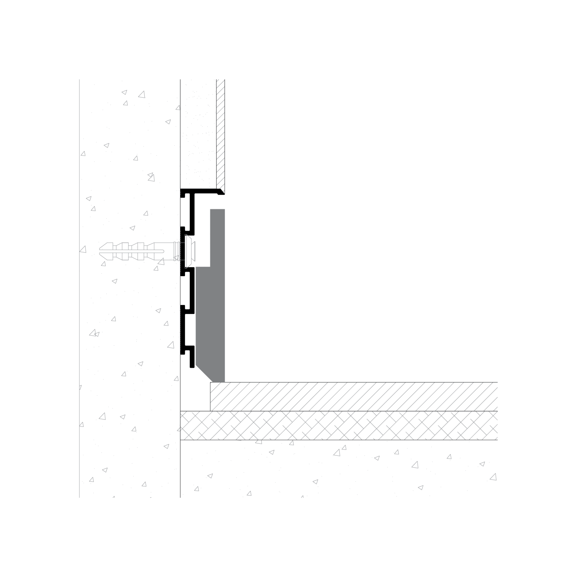 Coupe technique de l’intégration du profilé de plinthe invisible S1060 entre cloison et sol pour plinthe affleurante.
