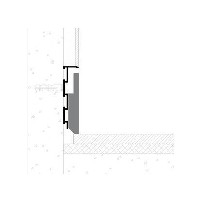 Coupe technique de l’intégration du profilé de plinthe invisible S1060 entre cloison et sol pour plinthe affleurante.
