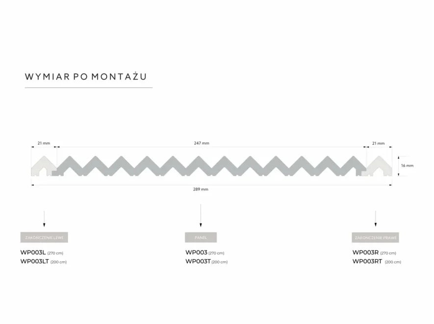 Schéma du panneau WP003 Vivid assemblé avec les finitions WP003L et WP003R, largeur totale 289 mm
