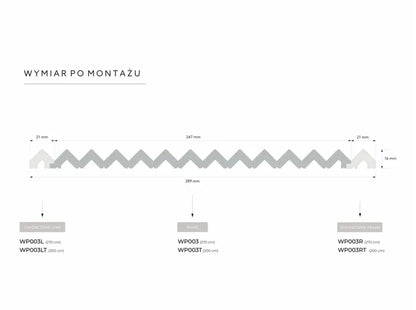 Schéma du panneau WP003 Vivid assemblé avec les finitions WP003L et WP003R, largeur totale 289 mm