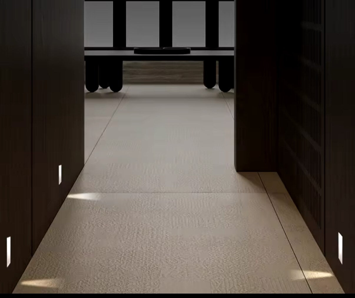 Éclairage mural encastré invisible dans couloir moderne – signalisation LED pour zones de passage