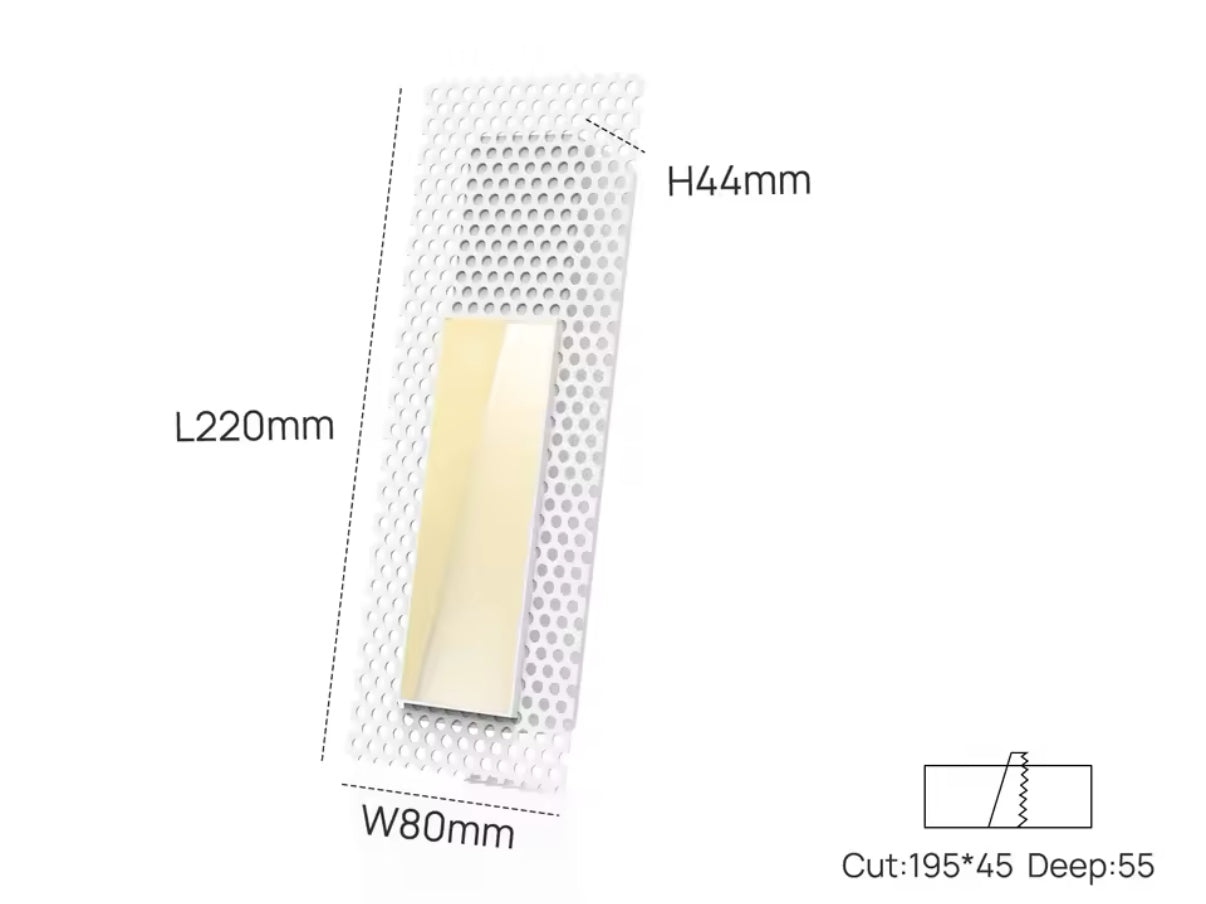 Dimensions du signaleur LED encastré invisible – L220 x H44 x P55 mm – éclairage mural discret pour escaliers et couloirs