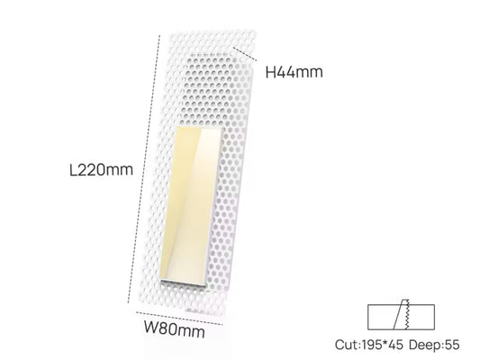 Dimensions du signaleur LED encastré invisible – L220 x H44 x P55 mm – éclairage mural discret pour escaliers et couloirs