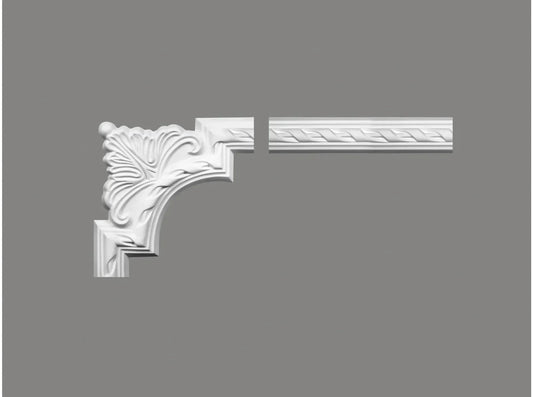 Angle mouluré MDC252-11 décoratif en relief avec motif feuillage, finition blanche classique – dimensions 24 x 24 x 5,4 cm