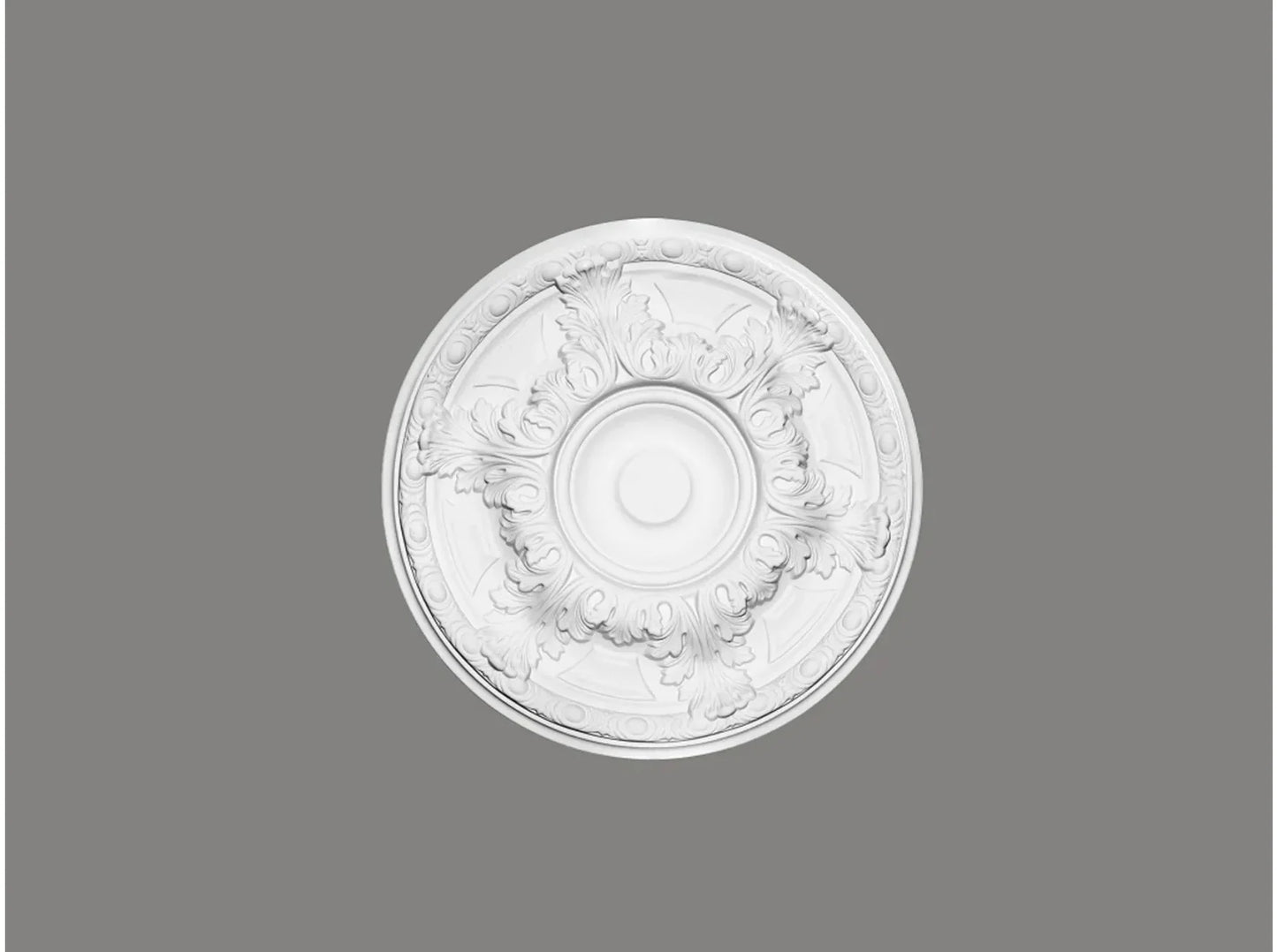 Rosace de plafond B3033 de 49,2 cm de diamètre en finition blanche, design classique à motifs feuillagés, idéale pour sublimer un luminaire suspendu.