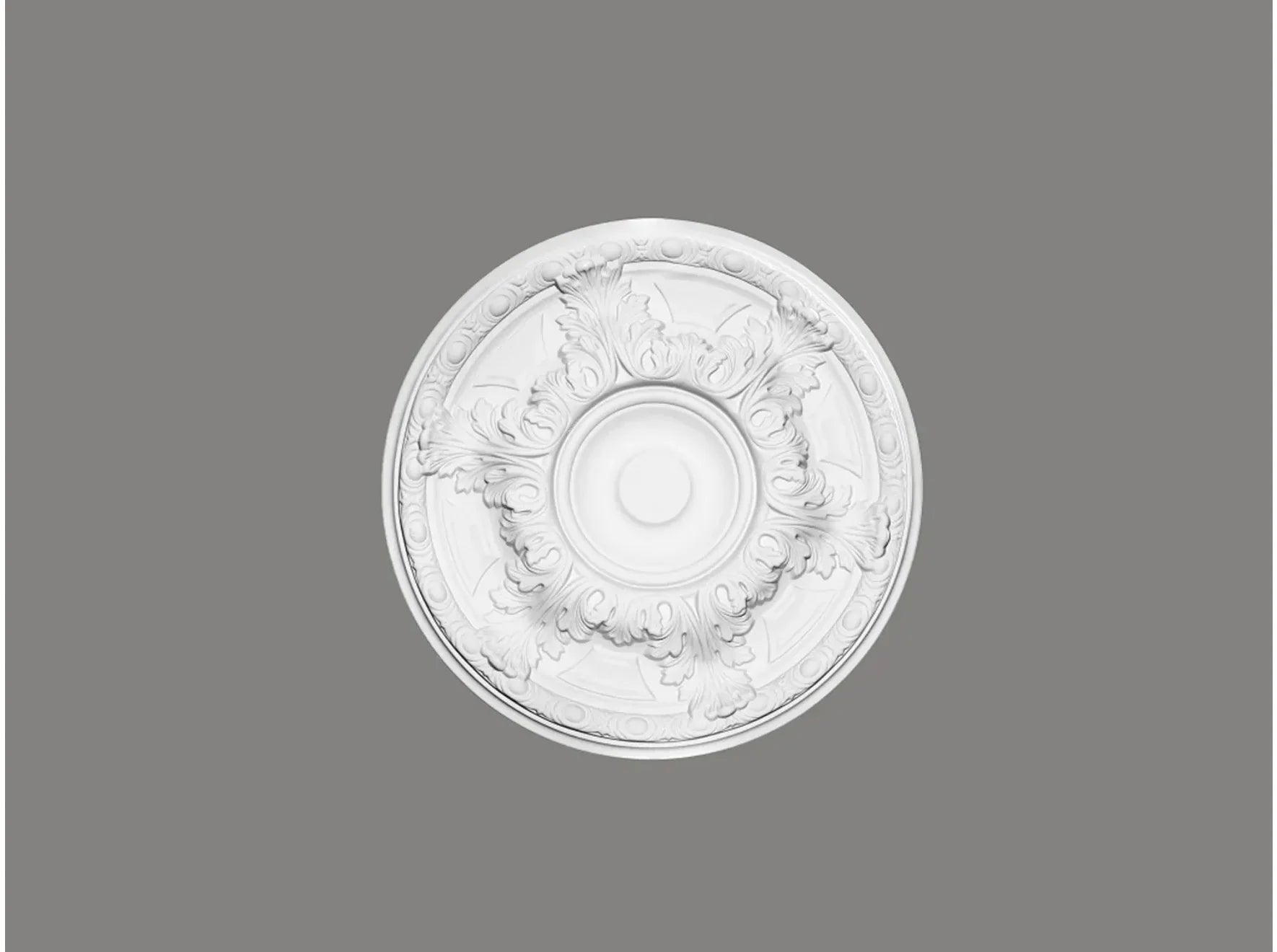 Rosace de plafond B3033 de 49,2 cm de diamètre en finition blanche, design classique à motifs feuillagés, idéale pour sublimer un luminaire suspendu.