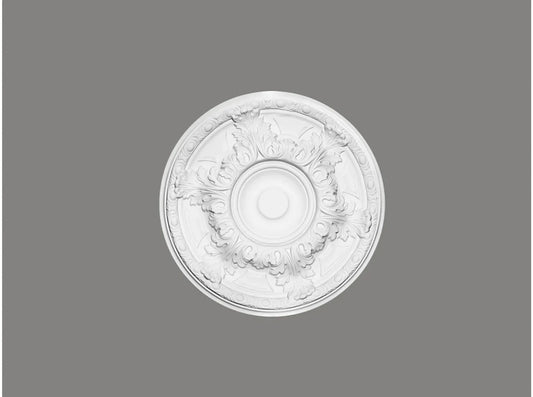 Rosace de plafond B3033 de 49,2 cm de diamètre en finition blanche, design classique à motifs feuillagés, idéale pour sublimer un luminaire suspendu.