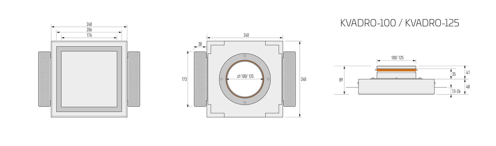 Schéma technique du diffuseur ERGOVENT Kvadro 200x200 montrant la profondeur d’encastrement et dimensions en mm_