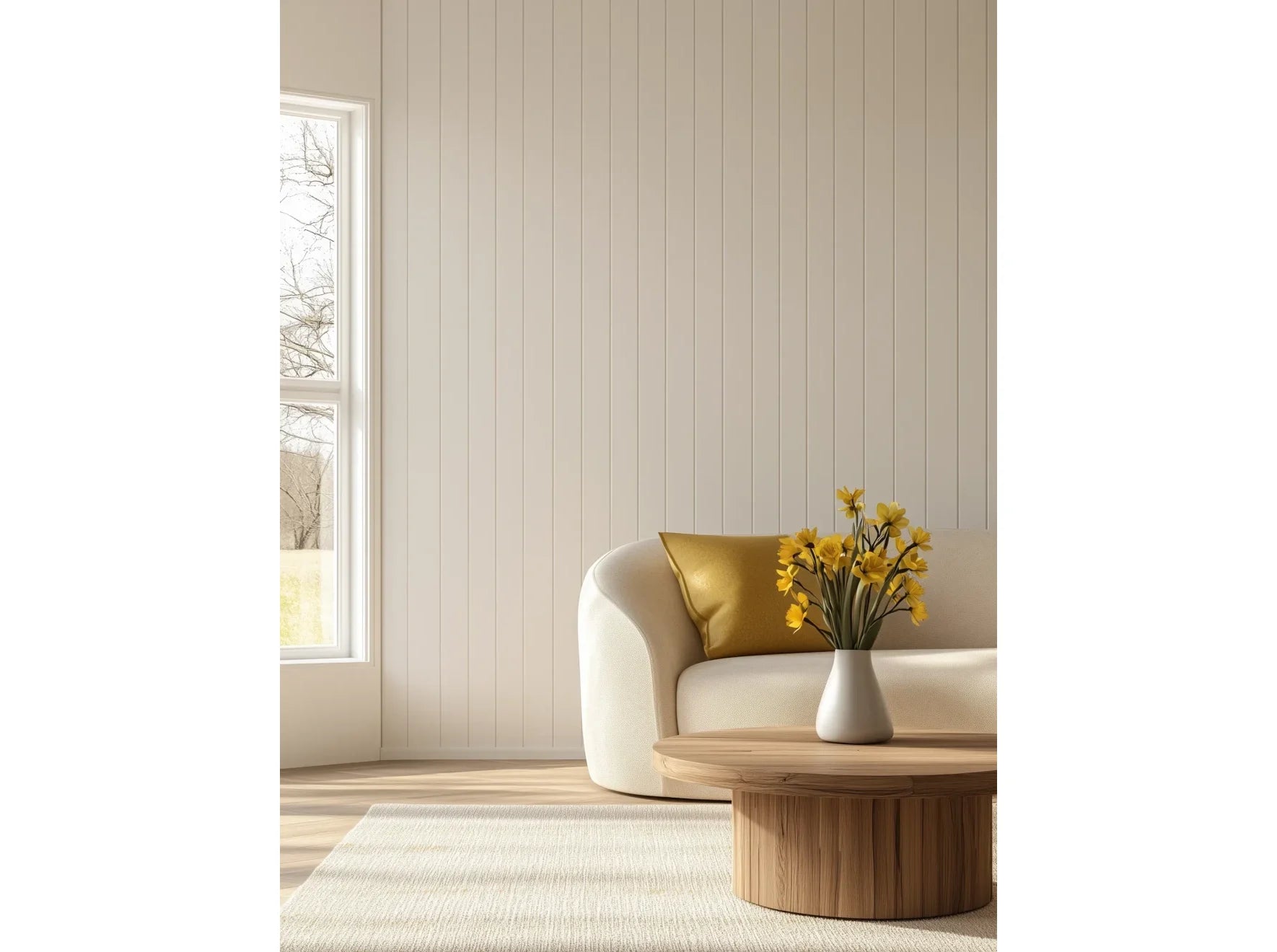 BW001T panneau mural lambris blanc installé sur un mur complet dans un salon lumineux, lattes fines verticales prêtes à peindre.