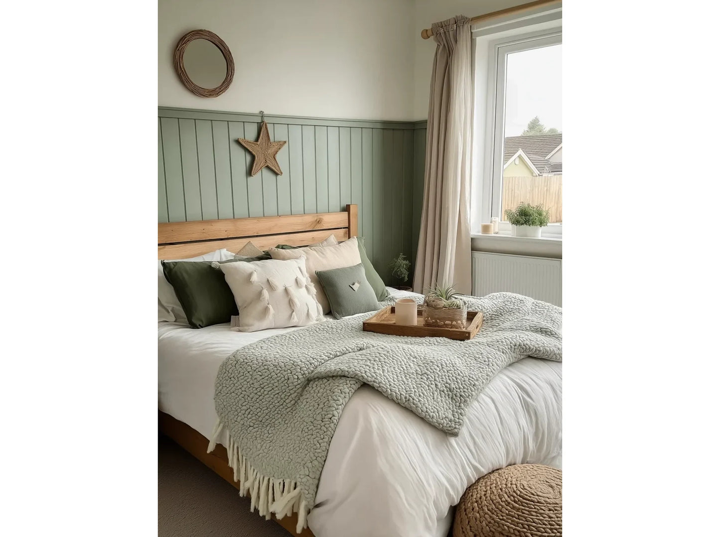 BW001T panneau mural lambris peint en vert dans une chambre cosy, création d’un soubassement décoratif derrière le lit.