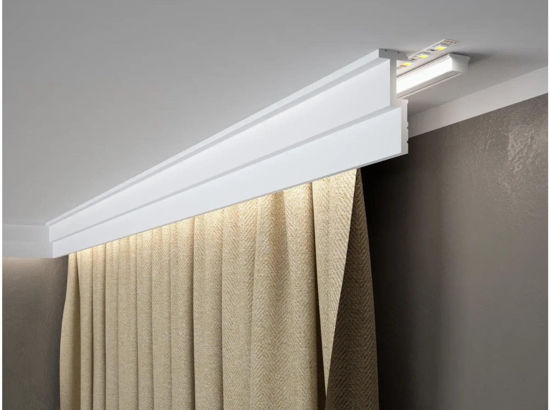 Corniche cache-rideau QL024 Mardom Decor en polyforce blanc, profil plafond pour masquer rail ou tringle à rideaux