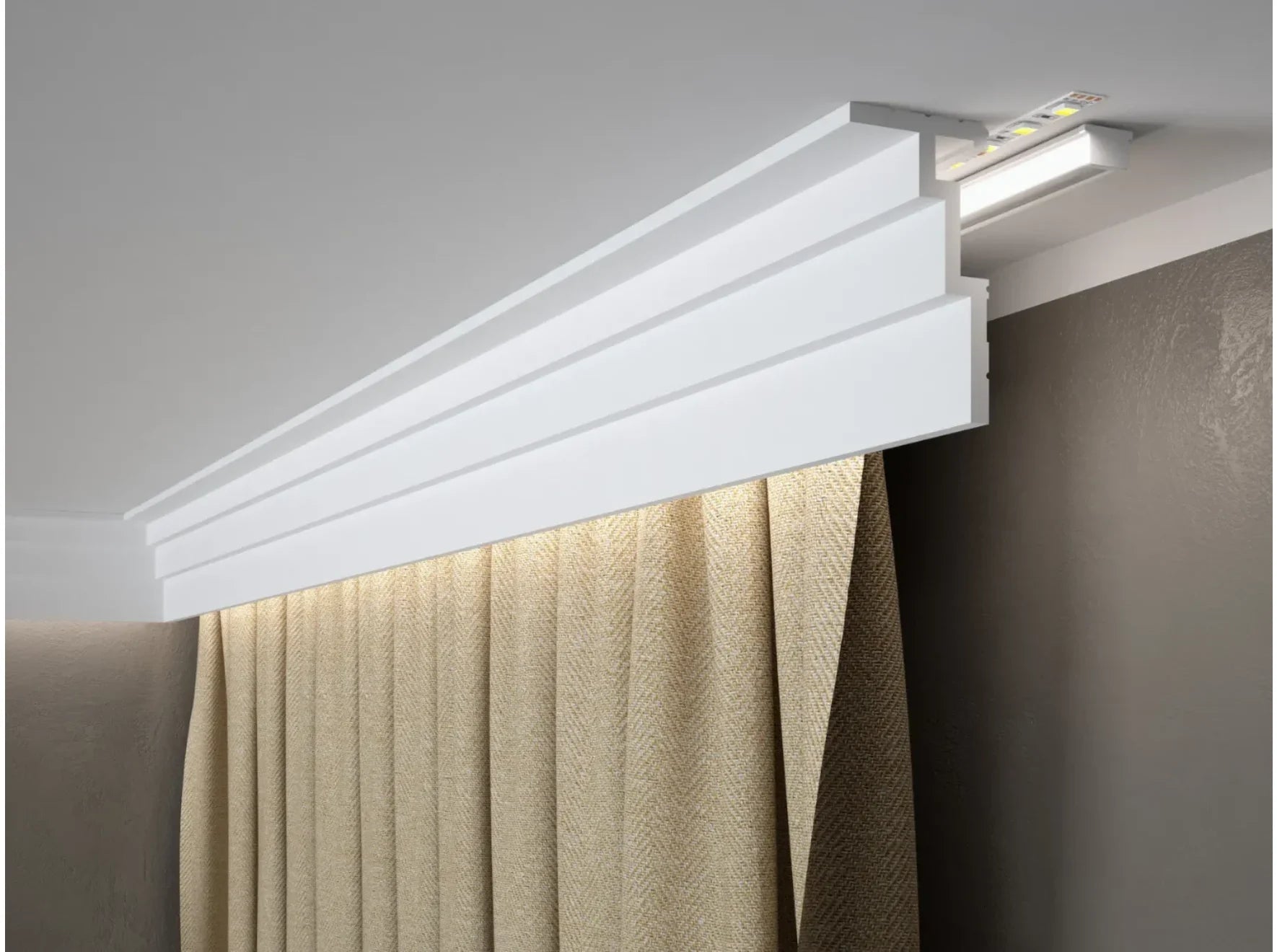 Corniche cache-rideau QL025 installée au plafond avec rideaux et éclairage LED indirect, cache-tringle design blanc