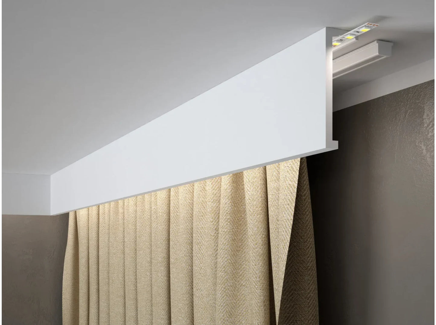 Corniche cache-rideau QL035T installée au plafond avec rideaux et éclairage LED indirect, cache-tringle design blanc