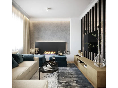 Corniche cache tringle MD105 avec intégration LED indirecte dans un salon design, permettant de dissimuler les rails et tringles à rideaux.