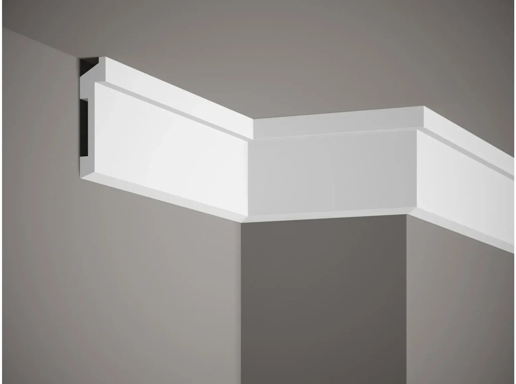 Corniche de plafond MD025 - moulure moderne en polyuréthane 200 x 11 x 2,7 cm avec gorge lumineuse LED intégrée, installation au plafond dans un angle.