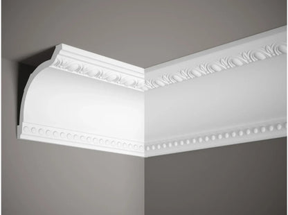 Corniche de plafond MDA040 avec motif œuf et perle, moulure en plâtre blanche installée au plafond, style classique et élégant