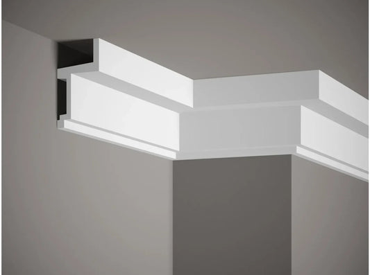 Installation de la corniche de plafond MDB115, moulure contemporaine pour plafond avec lignes droites