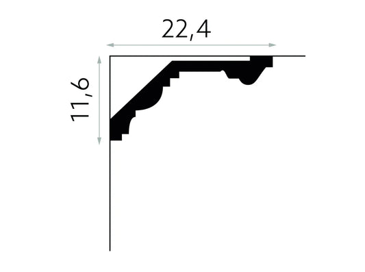 Profil et dimensions de la corniche de plafond MDB121, 200 x 11,6 x 22,4 cm, moulure murale décorative.
