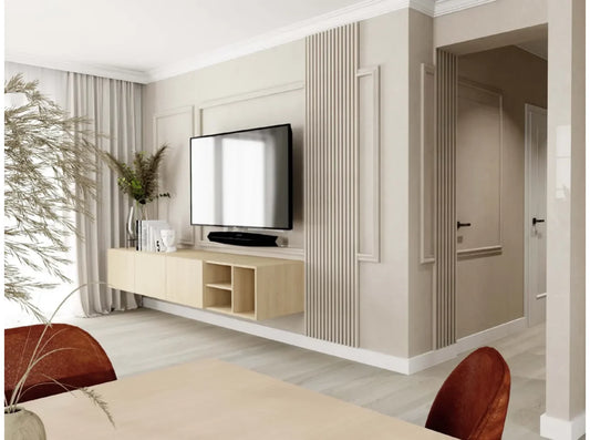 Corniche de plafond MDB142 installée dans un salon moderne – moulure raffinée pour un intérieur élégant