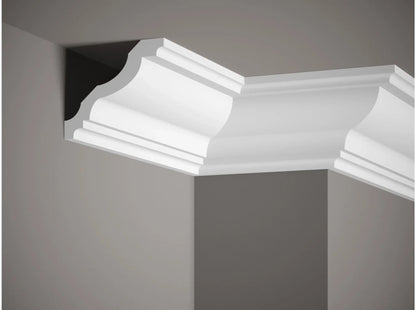 Corniche de plafond MDB158 en polyuréthane - vue en angle, style classique, dimensions 200 x 10,5 x 12,5 cm