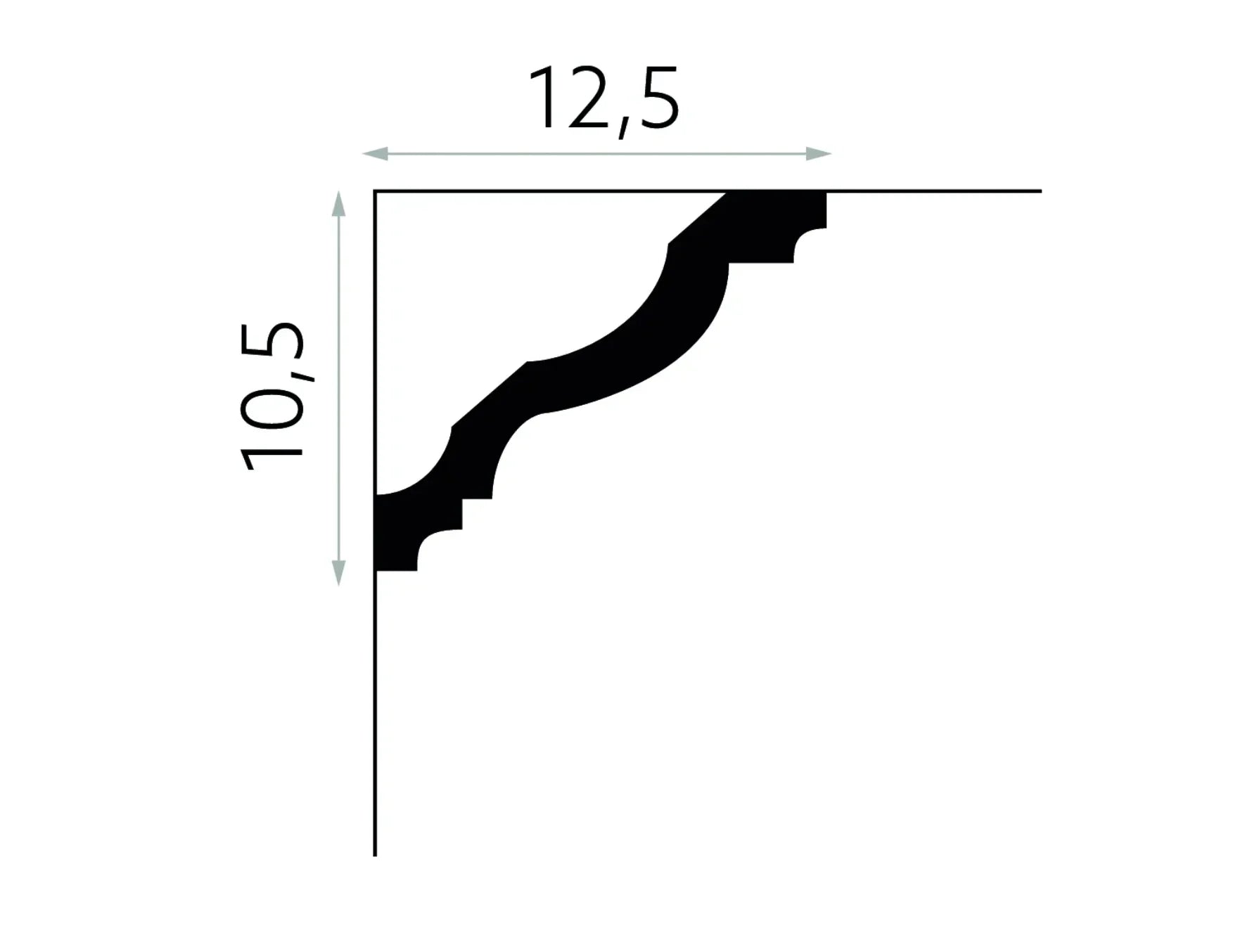 Schéma technique de la corniche de plafond MDB158 avec dimensions 10,5 cm de hauteur et 12,5 cm de saillie