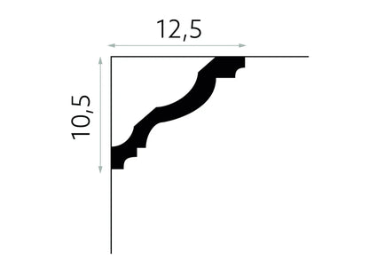 Schéma technique de la corniche de plafond MDB158 avec dimensions 10,5 cm de hauteur et 12,5 cm de saillie