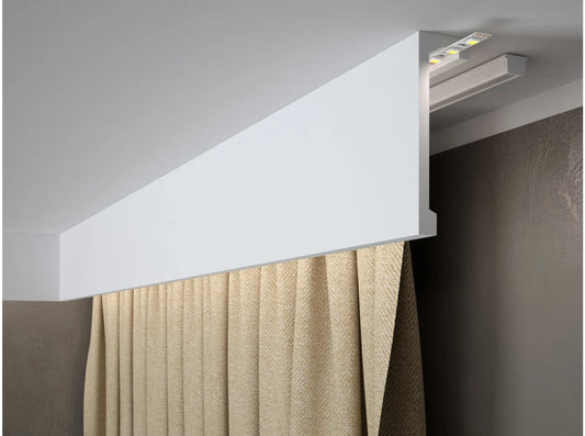 Corniche cache rideau QL036T en Polyforce blanc de 2 mètres, finition plafond sobre et compatible LED