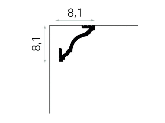 Vue latérale de la corniche cache-rideau MD213 montrant ses dimensions précises et son profil symétrique