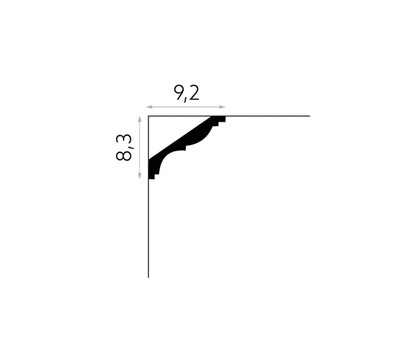 Schéma technique corniche MDB117 avec longueur 200 cm, hauteur 8,3 cm, profondeur 9,2 cm pour finition plafond