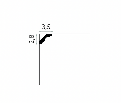 Schéma technique corniche MDB135, longueur 200 cm, hauteur 2,8 cm, profondeur 3,5 cm pour finition plafond sobre et minimaliste