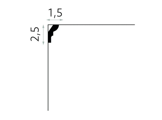 Schéma technique corniche MDB180, longueur 200 cm, hauteur 2,5 cm, profondeur 1,5 cm, finition plafond discrète
