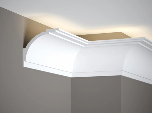 Corniche plafond MD105 en PolyForce de 200 cm, finition élégante avec relief subtil et éclairage LED, hauteur 10,8 cm, profondeur 12 cm