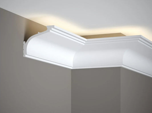 Corniche plafond MD110 en PolyForce 200 cm, finition moderne et élégante avec éclairage LED, hauteur 8,9 cm, profondeur 10,6 cm