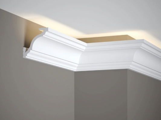 Corniche plafond MD213 en PolyForce 200 cm, finition élégante, hauteur 8,1 cm, profondeur 8,1 cm, décoration plafond harmonieuse avec éclairage LED