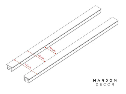 Schéma des dimensions du rail double à rideaux D200 200 cm avec espacement entre rails.