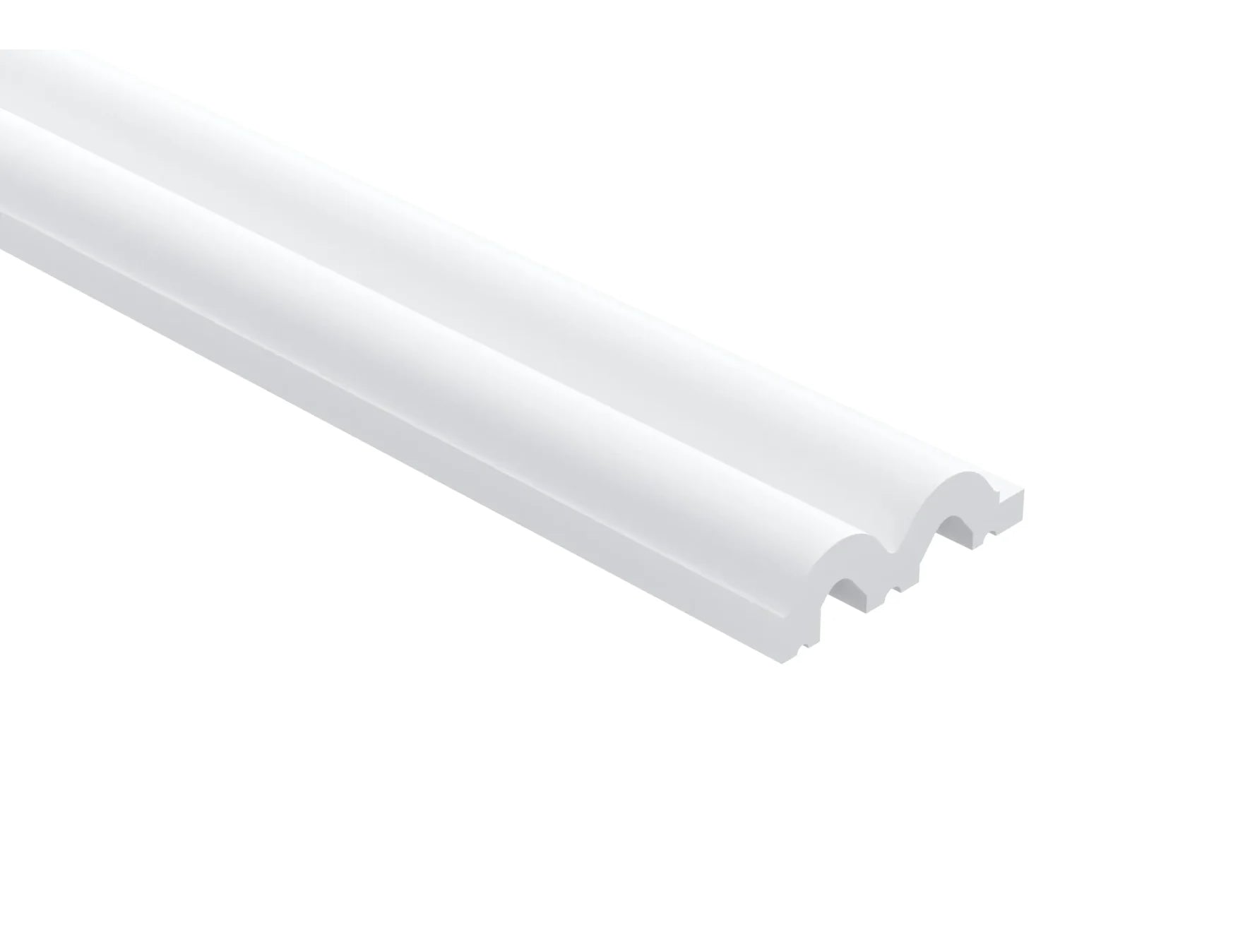 Vue en perspective de la finition droite L0401R Sereno 270 cm pour panneau 3D, montrant le profil arrondi décoratif.
